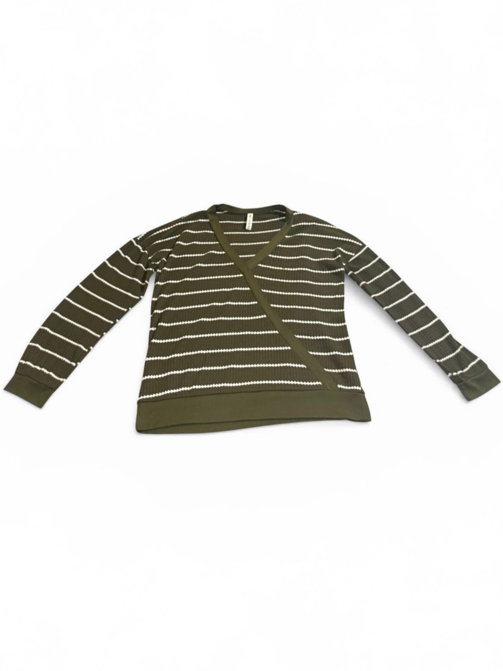 Medium Vanilla Bay Olive Green White Striped Wrap Top Waffle Knit Spring Fall
